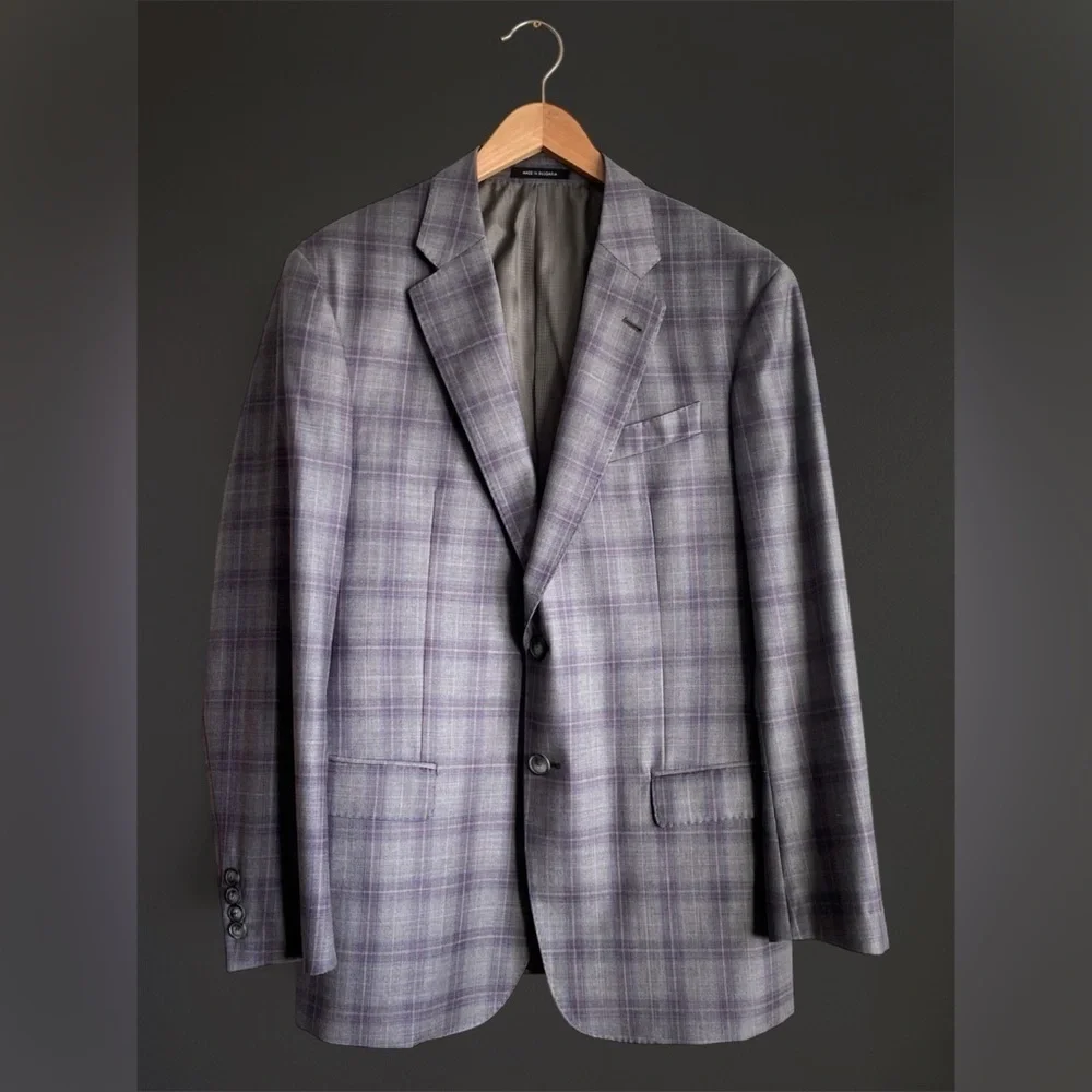 Emporio Armani GLine Virgin Wool Gray Plum Check Pane Plaid Sport Coat Blazer 54